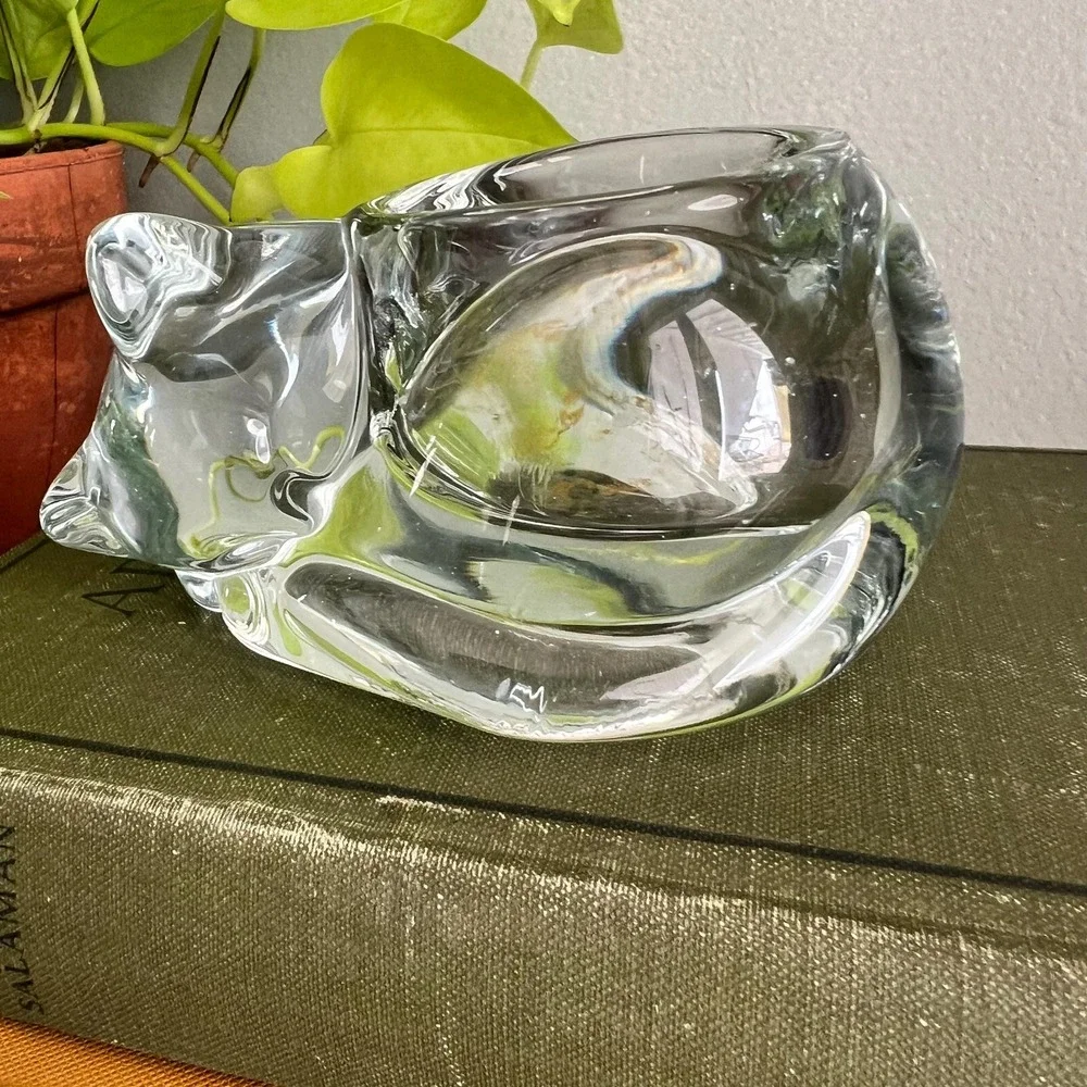 Vintage Sleeping Cat Glass Trinket Dish, Cottagecore Decor